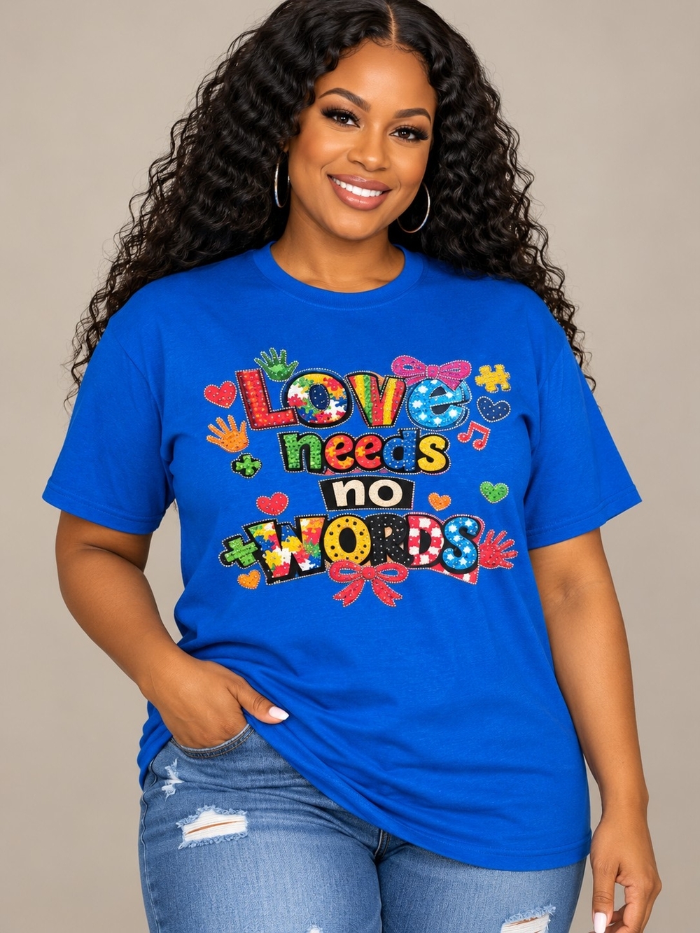 Handcrafted Love Needs No Words Rhinestone Graphic Tee - Royal Blue - NWT